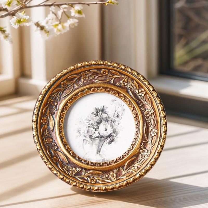 Rattan Mirror Round - Bingkai Foto Bulat Emas Perunggu Antik
