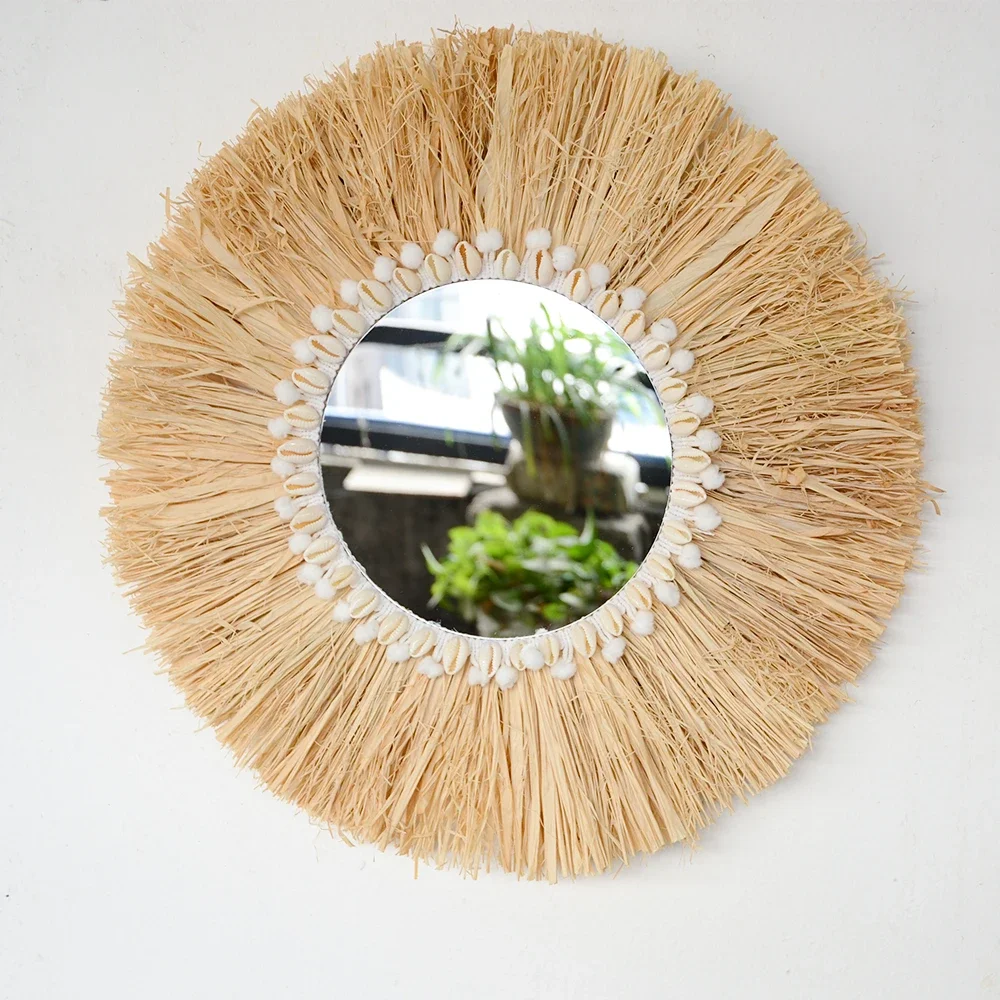 Rattan Mirror Round - Boho cermin dinding dekoratif rafia hutan